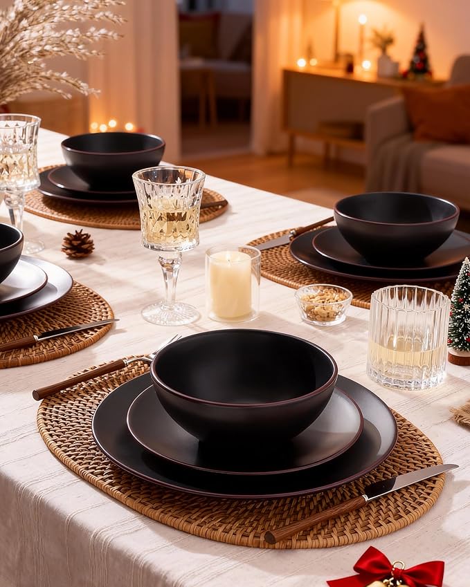 Famiware Venus Plates and Bowls Sets with Trim, 24 Pieces Stoneware Chip Resistant Dinnerware Dishes for 8, Matte Black - Microwave/Dishwasher Safe, Modern Minimalist, for Everyday Meals/Formal Dining