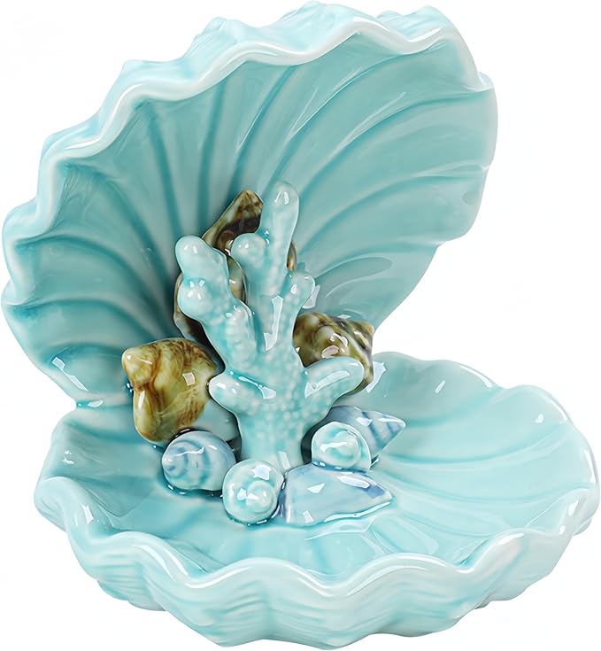 FENGSHUI-CAISHEN Conch Shape Shell Jewelry Holder Dish, Ceramic Jewelry Tray Dish, Ocean-Themed Decorative Ring Holder Trinket Dish, Conch Antique Trinket Dish Vintage Jewelry Tray (Cyan)