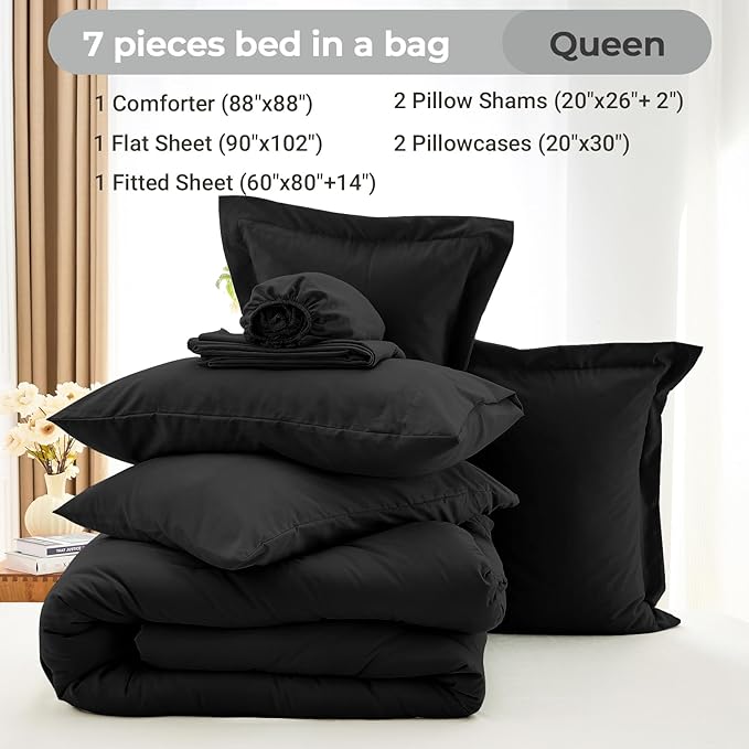 MUXHOMO 7 Pieces Queen Comforter Set, Soft Bed in a Bag Queen Size, All Season Bedding Set with Comforter, Flat Sheet, Fitted Sheet, Pillowcases & Shams, Black