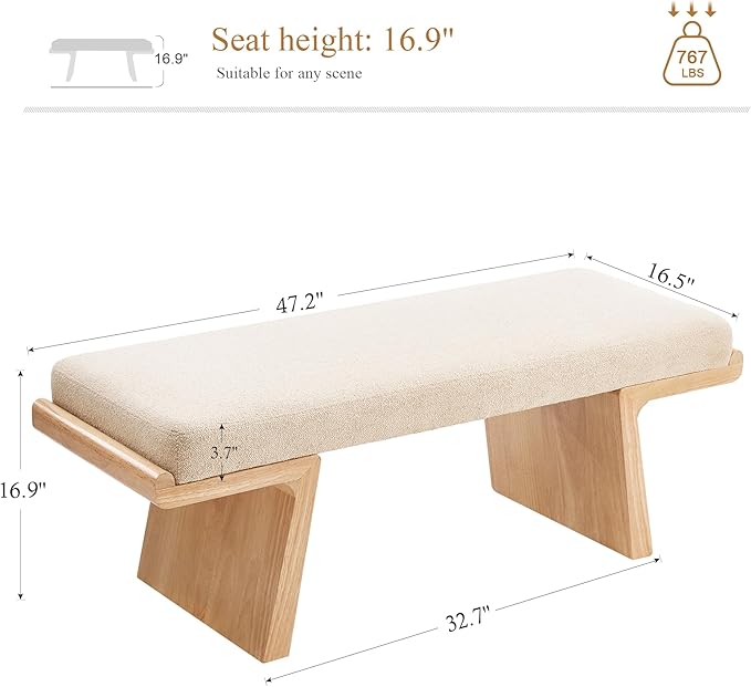 47.2’’ Bed Bench, Modern Upholstered Living Room Bench with Solid Wood Legs, Wooden Shoe Bench with Floating Design, Linen Fabric Dining Bench for Kitchen, Entryway (Beige/Natural)