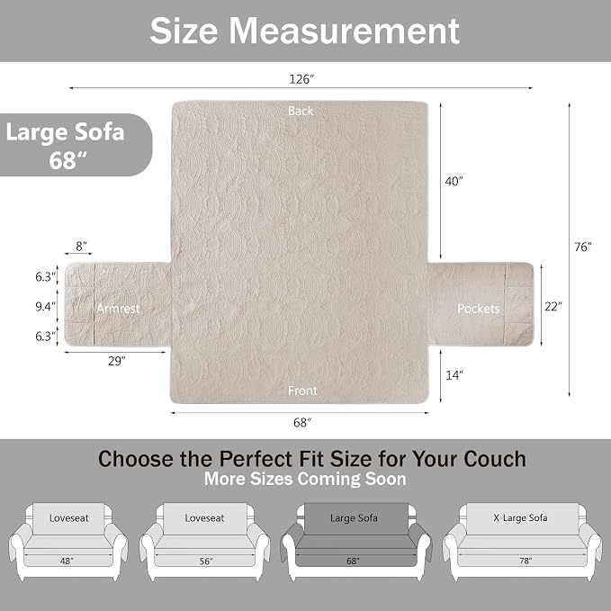 Quilted Beige Sofa Slipcovers with Pockets, Anti-Slip Medallion Couch Covers for Sofa, Couch Cover for Dogs Cats Water-Repellent Machine Washable Sofa Cover (Large Sofa 68", Beige Cream)