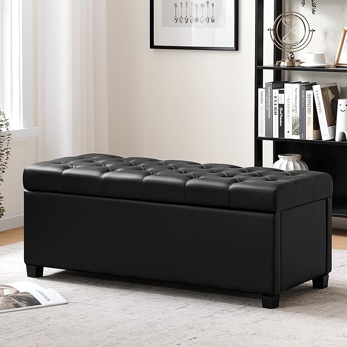 kinmars 47.2" Ottoman with Storage, Storage Ottoman Bench with Safety Hinge,Tufted End of Bed Bench, Upholstered Entryway Bench for Bedroom, Living Room & Window (Black-Upgraded Version)
