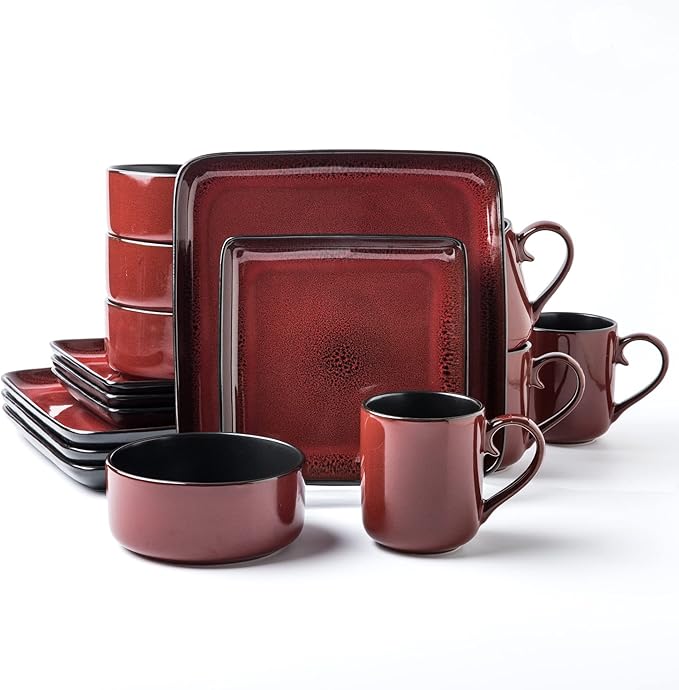 Arora FLACKAR Square Stoneware 16pc Dinnerware Set for 4, Dinner Plates, Side Plates, Cereal Bowls, Mugs - Reactive Glaze Red (485450)