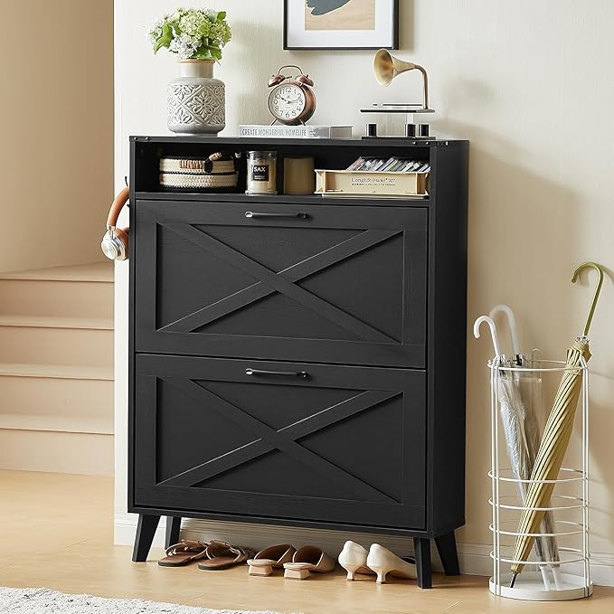 Joaxswe Shoe Cabinet Storage for Entryway with 2 Flip Drawers 2 Hook Open Storage Layer Rack Narrow Organizer Slim Hidden Wood Shoe Cabinet Furniture Black