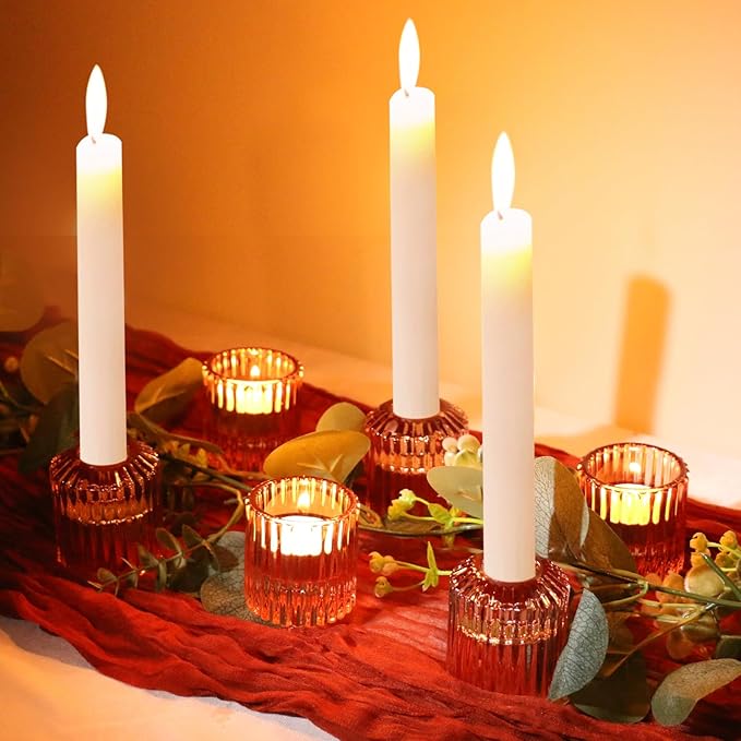 Reversible Rde Glass Candle Holder Set of 6, Thick Heat-Resistant Glass Candlestick Holders for Taper, Tealight, Votive, LED Candles, Perfect for Wedding, Party, Home Décor