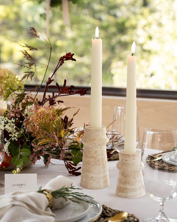 Vixdonos Natural Stone Candle Holder Set of 2 Taper Candle Candlestick Mantle Candle Stand for Home Decor,Wedding,Party and Table Centerpieces(White)