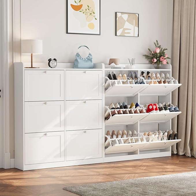 VOWNER Large Shoe Storage Cabinet with 6 Flip Drawers, Freestanding Shoe Organizer with Open Storage & Crystal Handle, Slim Narrow Shoe Rack Cabinet for Entryway, Foyer, Hallway, White