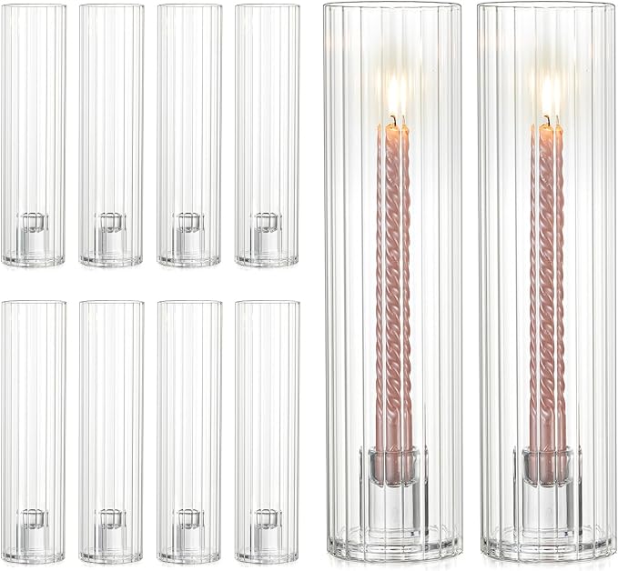 NUPTIO Fluted Candle Holder Set: Bulk Hurricane Candlestick Holders with Ribbed Glass Cylinder Sleeve - Set of 10 Tapere Candle Stick Stand for Fall Thanksgiving Christmas Decor