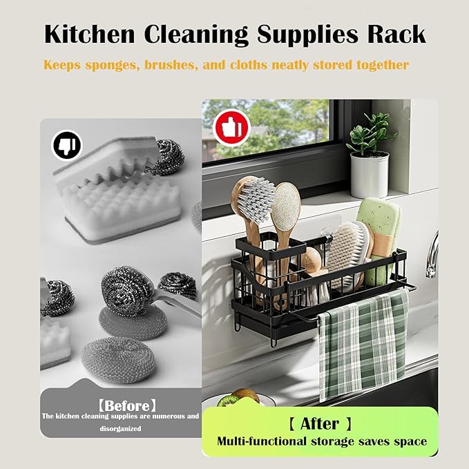 Sponge Holder,Kitchen Sink Caddy Organizer with High Brush Holder, Stainless Steel Kitchen Countertop Organizers and Storage Accessories,Soap Dispenser Organize (Black, 9.65"*3.94"*3.94")