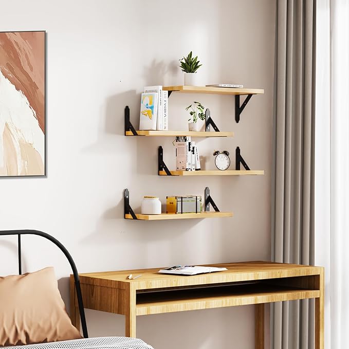 ROMGUAR CRAFT Wood Floating Shelves Set of 4, Rustic Storage Decor Wall Shelves, Wall Mounted Shelf for Living Room, Bedroom 17" x 6", Natural