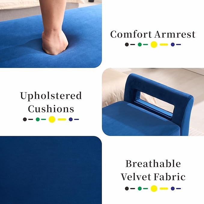 Chifee & Vingol Storage Bench with Armrests, 67.91 Inch Velvet End of Bed Bench Upholstered Storage Ottoman for Bedroom, Livingroom, Entryway - Navy