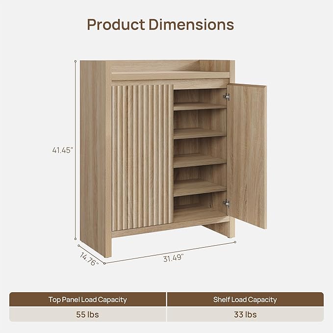 Sicotas Shoe Cabinet - Fluted Shoe Storage Cabinet with Thickened Panels for Entryway, 24-Pair Shoes Organizer with Doors & Adjustable Shelves, 6-Tier Shoe Rack Storage Cabinet for Hallway Living Room