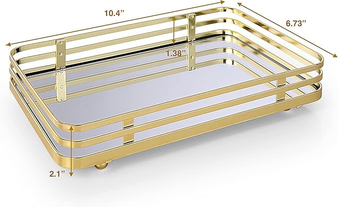 SunnyPoint Classic Decorative Vanity Perfume Dresser Jewelry Organizer Makeup Mirror Tray (Polished Gold) (Pack of 2)