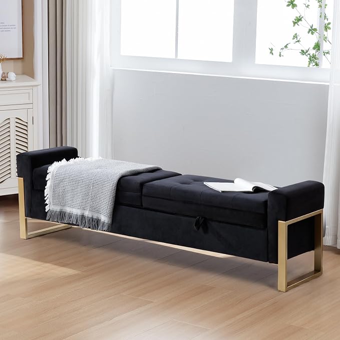 67" End of Bed Storage Bench for Bedroom King Size, Double Lids Storage Ottoman Bench with Golden Legs, Velvet Bed Bench for Living Room Window Entryway, Black