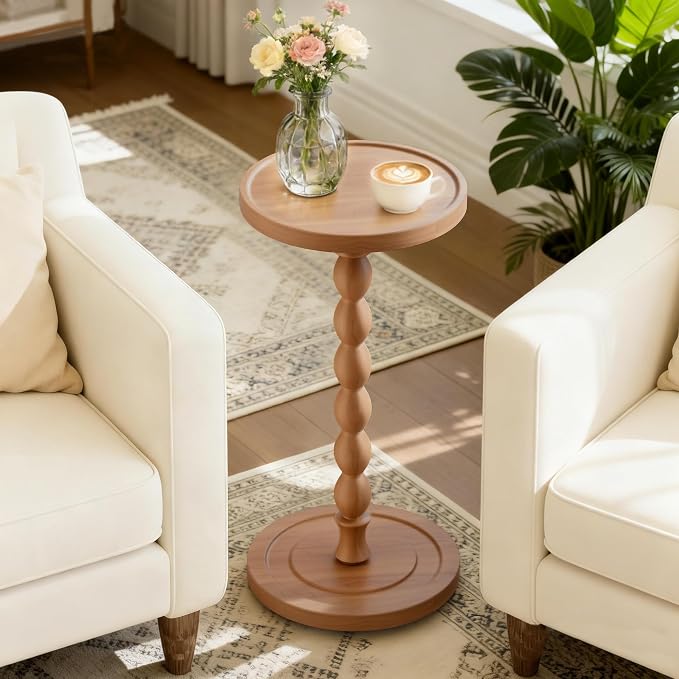 Small Side Table, Rubberwood‌ Drink Table for Small Spaces, Solid Wood Pedestal Coffee Tables, Round End Tables for Living Room, Sofa Couch, Bedroom, Corners, and Office (Light Walnut, 11.81 inch)