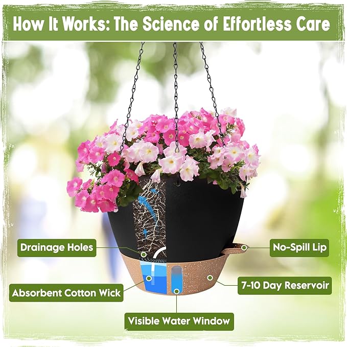 Self-Watering Hanging Planters with Water Level Window, 8/10 Inch Indoor Outdoor Hanging Plant Pots Includes Chain Hangers with Drainage Holes & Detachable Reservoir (Black, 8+10 inch)