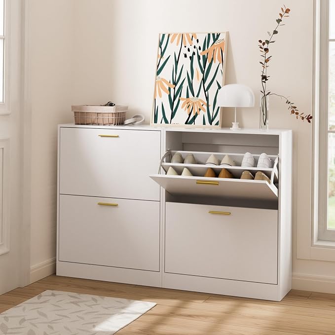 LYNSOM Shoe Cabinet, Free Standing Tipping Bucket Shoe Rack Organizer with 2 Flip Drawers, Modern Entryway Shoe Storage with Top Display, Narrow Slim Hidden Shoe Cabinet (White)