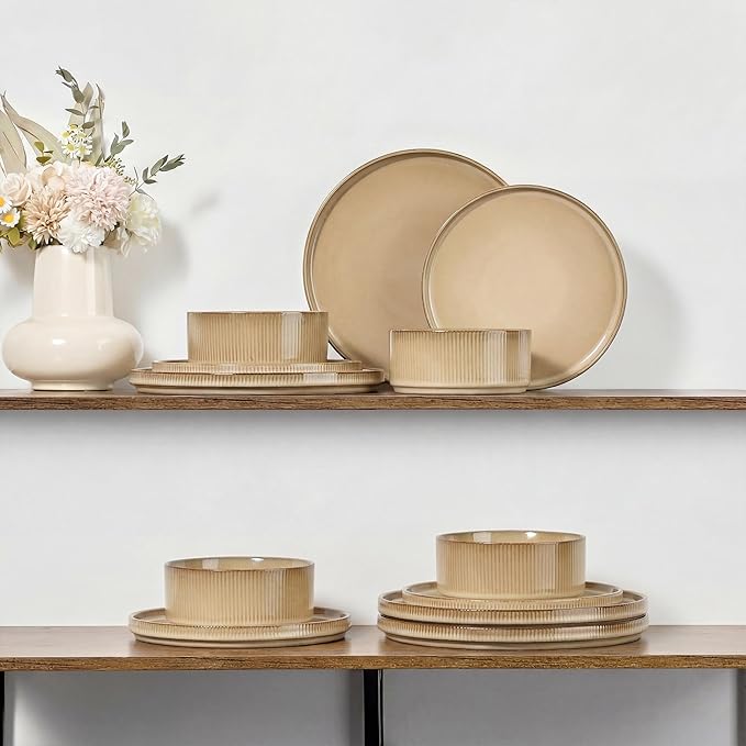 E-far Stoneware Dinnerware Sets for 2, 6-Piece Plates and Bowls Sets, Chip & Scratch Resistant Ribbed Dish Set for Home Restaurant, Microwave & Dishwasher Safe, Caramel Khaki