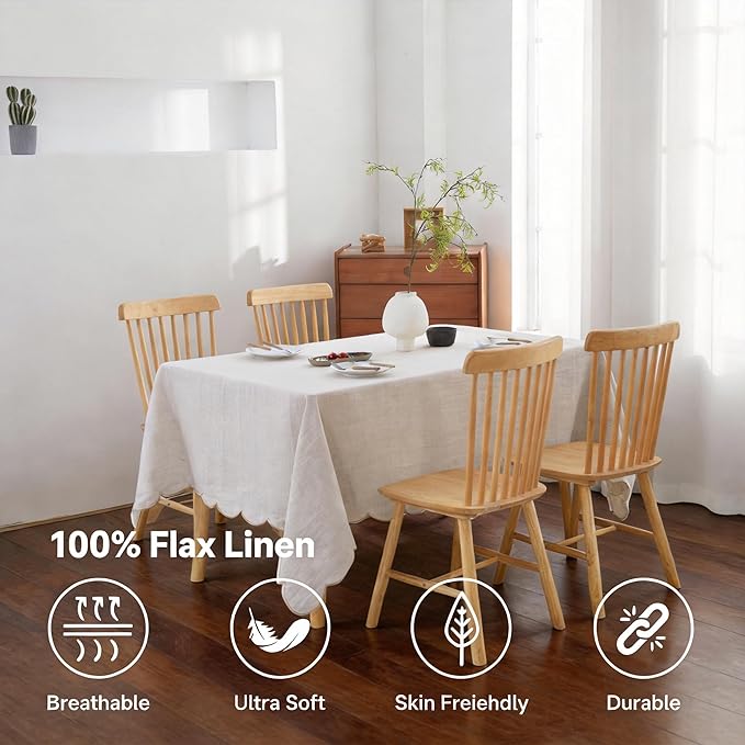 100% French Flax Linen Tablecloths Scalloped Embroidery Rectangle 84Lx60W Inch for Dinners, Parties, Spring, Easter, Machine Washable, 6-8 Sets, 60''x84'', Linen(Edges-Gold)