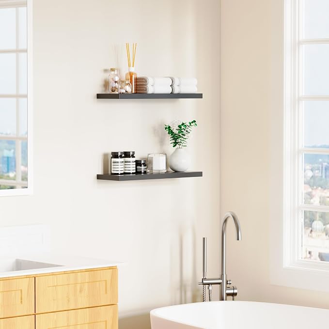 Floating Shelves for Wall, Black Wood Set of 2, 24" Mounted Shelf for Kitchen, Living Room, Bedroom, Bathroom Storage, Book Shelf, Home Decor, Frame Display