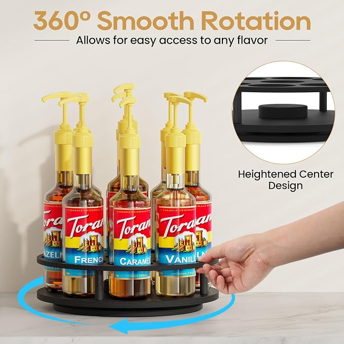 THYGIFTREE Rotating Coffee Syrup Organizer for Countertop, 9-Bottle Wooden Syrup Rack & Bottle Holder for Coffee Bar Station, Turntable Display Stand, Black