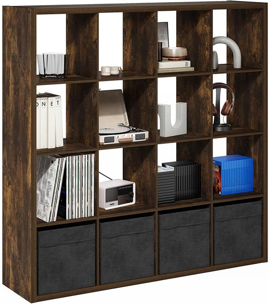 Furinno Cubicle Book Shelf, 16-Cube Bookshelf, Extra Thick Frame Reversible Bookcase with Open Back, 14.6" x 58" x 58", for Living Room, Bedroom, Home Office, Amber Pine