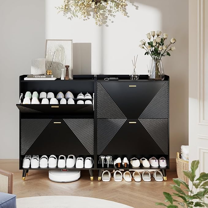 Ultra Thin Shoe Cabinet Storage for Entryway: 65" Black Narrow Shoe Cabinet with 4 Flip Drawers, Fluted Shoes Rack Hidden, Modern Slim Shoes Organizer for Hallway (Black, 4 Drawers)