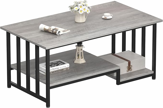 Coffee Table, 39 Inch 2-Tier Farmhouse Rustic Coffee Table with Storage, Modern Rectangle Wooden Center Table, for Living Room, Small Space, Easy Assembly, Wash Gray