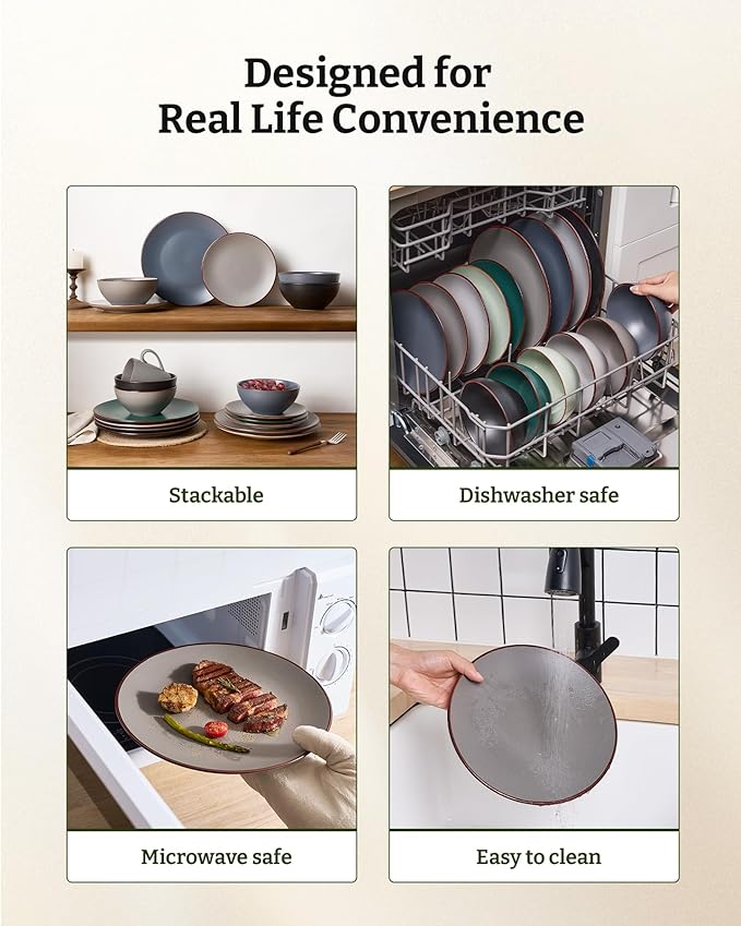 Famiware Venus Speckled Dinnerware Set with Pasta Bowls for 4 (16 Pieces), Stoneware Plates and Double Bowls, Matte Dark Gray - Microwave & Dishwasher Safe Dishes with Trim for Everyday & Formal Use