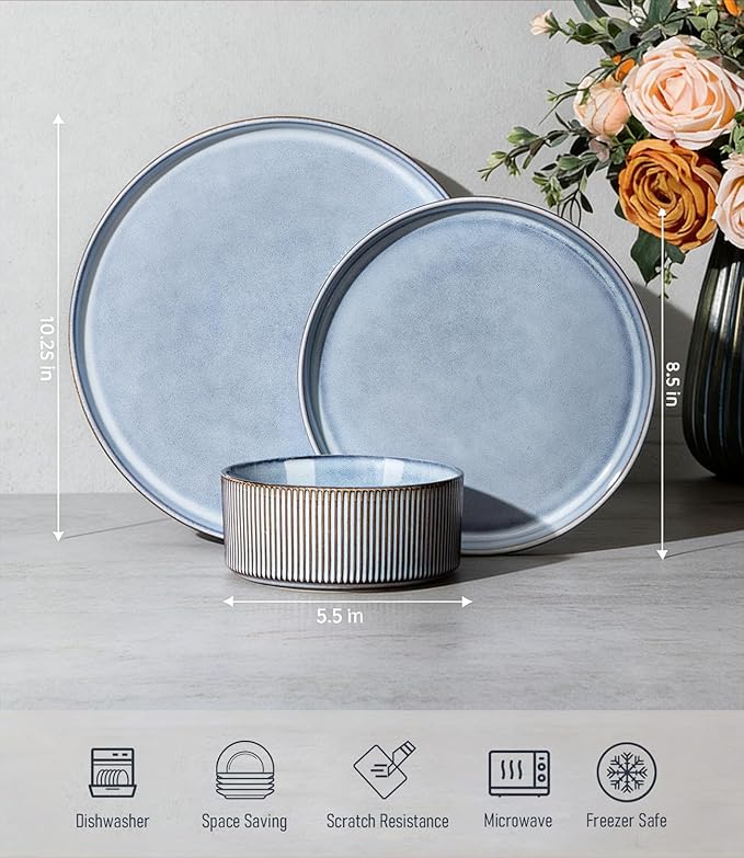GBHOME 12-Piece Stoneware Dinnerware Set for 4 – Ribbed Ceramic Plates and Bowls, Scratch-Resistant, Microwave & Dishwasher Safe, Reactive Glaze, Deep Tidal Blue