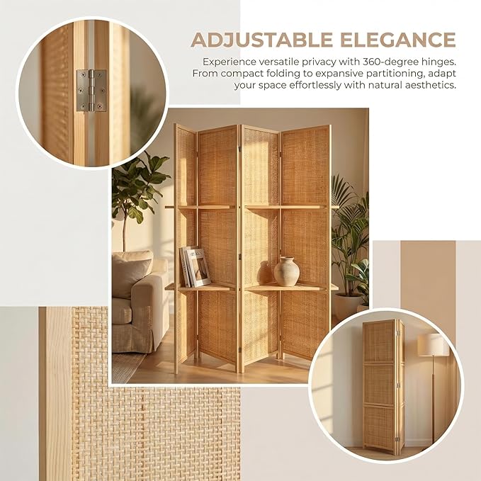 Bluecat 4 Panel Bamboo Room Divider with Shelves, Lightweight Privacy Screen for Bedroom Home Office, No Assembly Required, Brown Bamboo