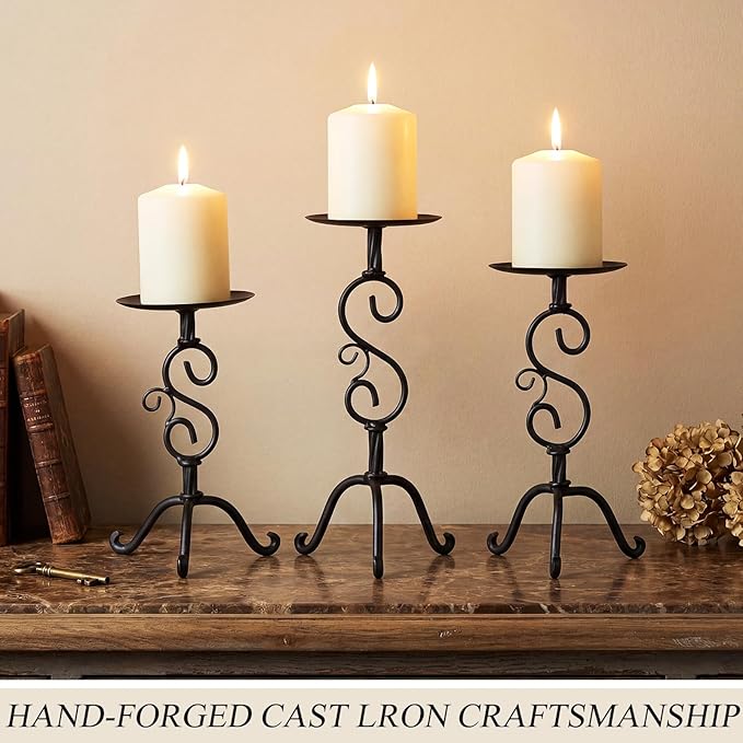 Set of 3 Black Iron Candlestick Holder Metal Vintage Candle Holder 11.8, 9.8, 6.3 Inch Tall Decorative Wrought Iron Pillar Candle Sconce Home Decor Wedding Dinning Party Anniversary(Classic)