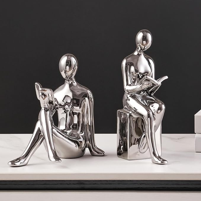 Ceramic Decorative Bookends, Book Ends for Shelves, Home Office Decor Aesthetic Statues Book Holders Stoppers for Bookshelf, Table, Bedroom Living Room Decoration (Silver)