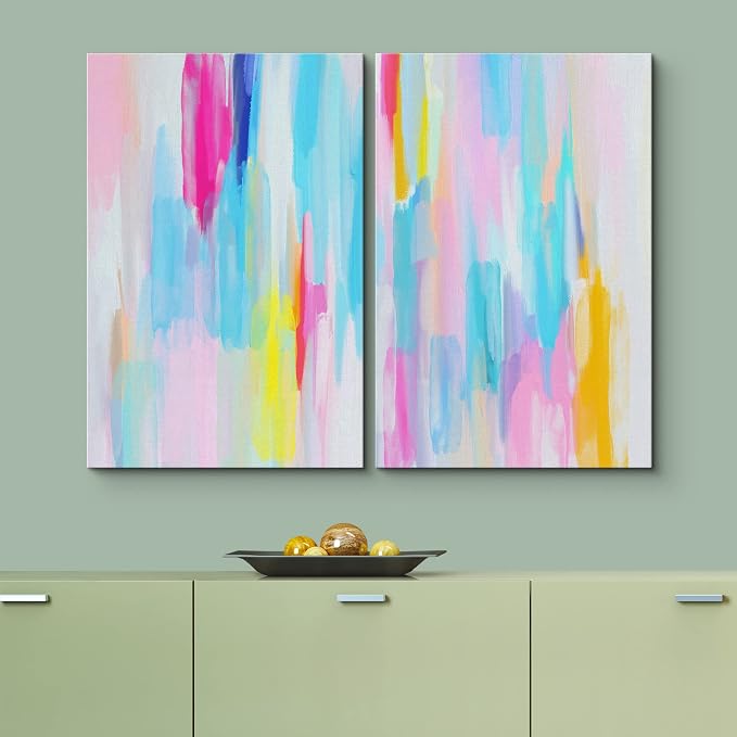 SIGNLEADER Framed Canvas Print Wall Art Set Vibrant Blue Pink Pastel Stripes Abstract Shapes Digital Art Modern Art Decorative Minimal Relax/Zen for Living Room, Bedroom, Office - 24"x36" x 2