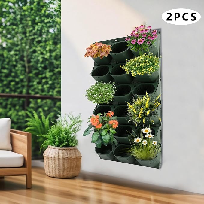 Vertical Wall Planter with 36 Pots, Hanging Garden Plant Flowerpot Holder, Stackable Wall-Mounted Planter, Balcony Planters for Flowers Vegetables Fruits (Army Green, 36 Pots)