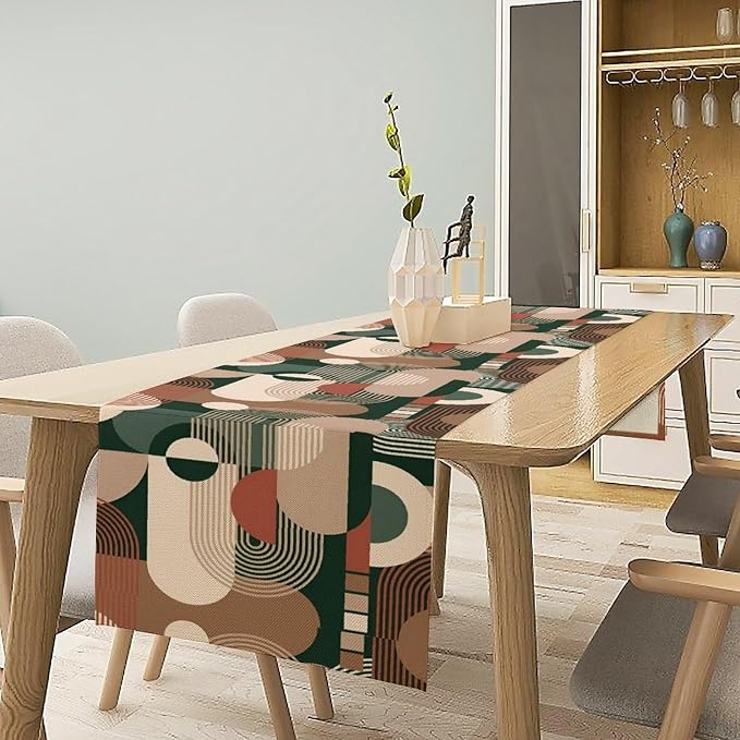 Boho Geometric Table Runner, Retro Mid Century Modern Sun Abstract Shapes Table Runner for Kitchen Dining Indoor Outdoor Party Home Decor, 13x108 Inch