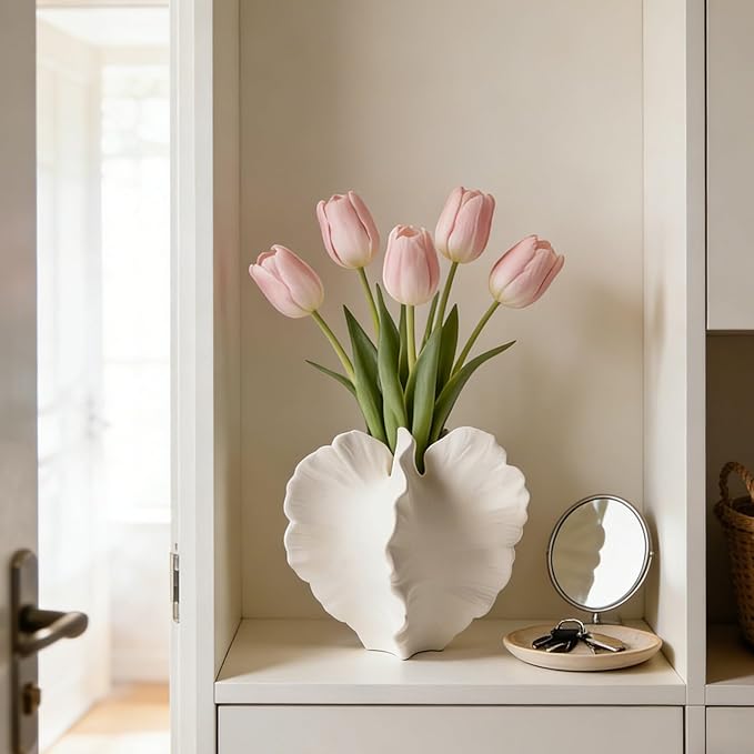 White Ceramic Vase for Home Decor,Modern Art Small Vase for Flowers,Artistic Table Centerpiece Decorative White Vase,Textured Coastal Style Accent for Living Room Shelf or Dining Room