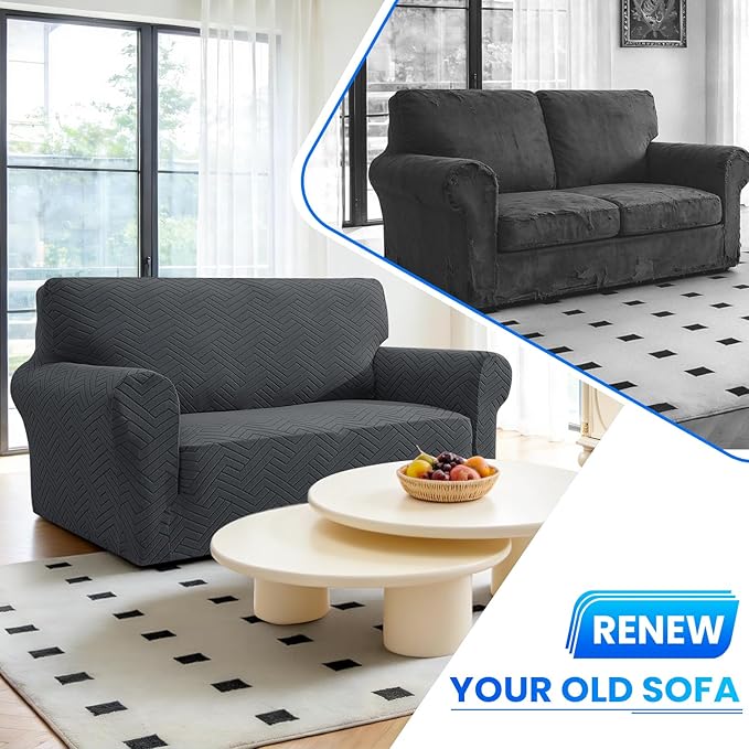 Stretch Sofa Slipcover 2 Cushion Couch Sofa Cover,55"-69" Non Slip Soft Couch Sofa Cover Washable Furniture Protector with Non Skid Foam and Elastic Bottom for Kids, Pets,Dark Gray