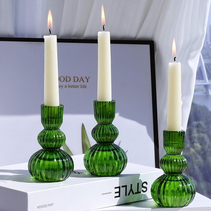 Woho Candlestick Holders Set of 6 for Christmas Decorations, 4.3" Ribbed Glass Taper Candle Holders for Spring Wedding Table, Vintage Candle Sticks Holder Decor for St. Patrick's Day/Daily Home Decor