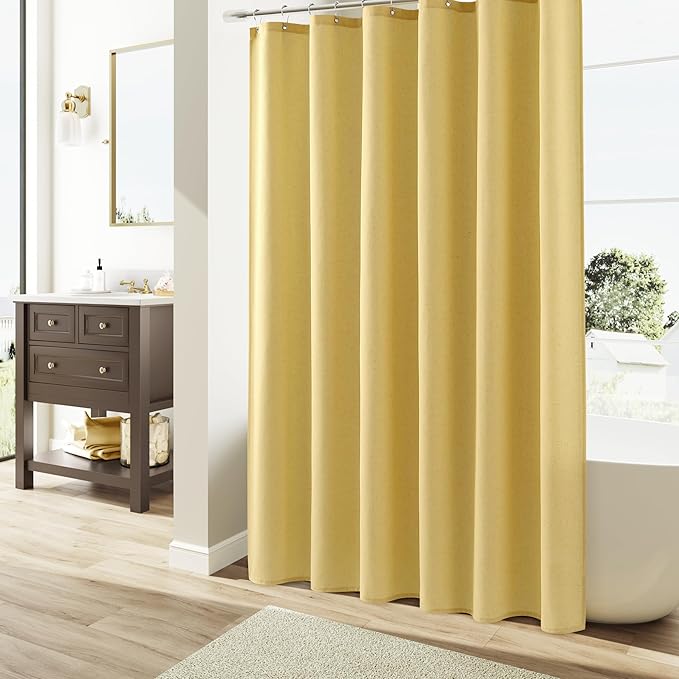 Naturoom Yellow Linen Shower Curtain, Country Boho Farmhouse Bath Decor Shower Curtains Neutral Cloth Weighted Textured Fabric Bath Curtain Liner with Hooks, 72x96
