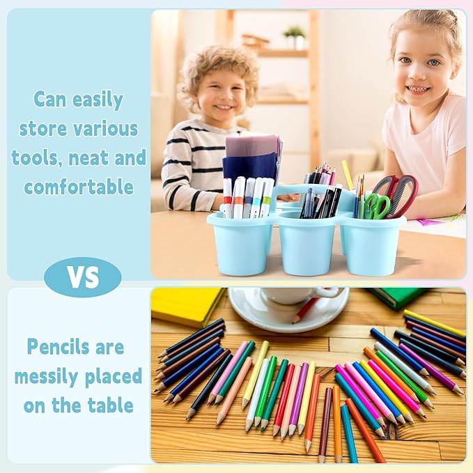 6 Pack Classroom Caddy with Handle Plastic Storage Caddy Organizer with 6 Compartments Drink Cup Caddies Holder Portable Storage Bin for Pencil, Crayon, Marker, Home Office School Supplies(Light Blue)