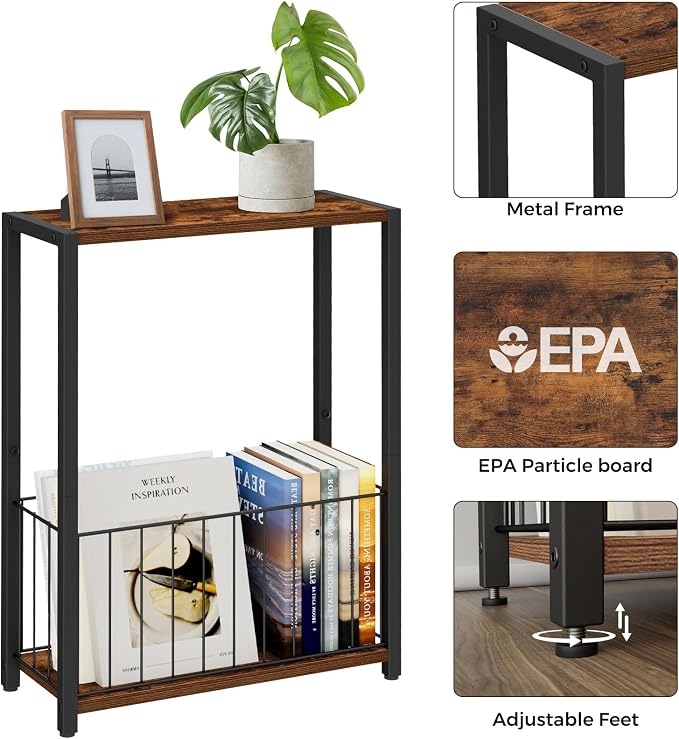 Homleke Narrow Side Table with Magazine Holder, Skinny End Table Perfect for Small Spaces, Space-Saving Design for Living Room, Bedroom, or Office, 7.1" D x 16.9" W x 23.6" H, Rustic Brown