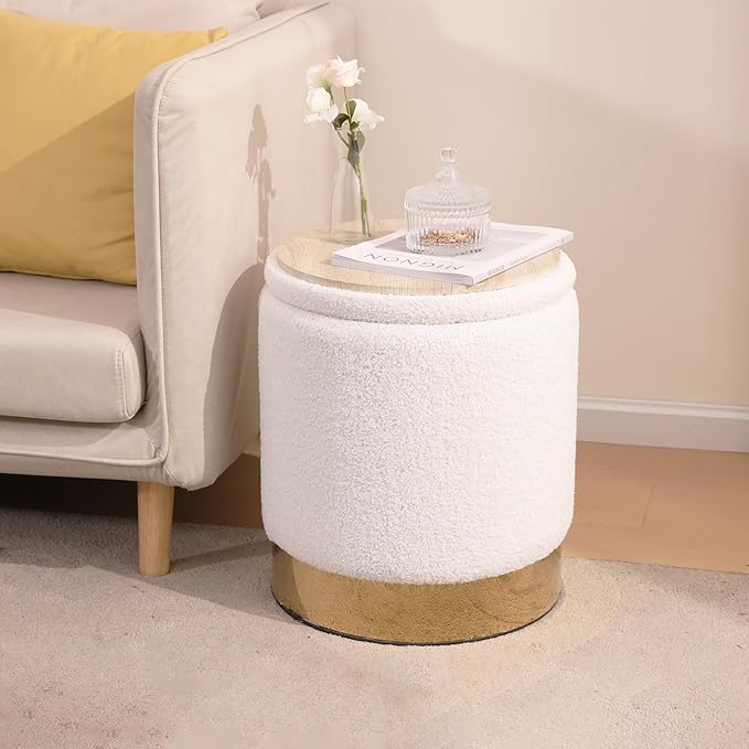 YYW HOME Sherpa Round Ottoman Set of 2 with Storage, 12 Gallon Hidden Storage, Multi-Functional Footrest Stool, Vanity Seat, Coffee Table, No Assembly Required, Holds 300lbs, Teddy White