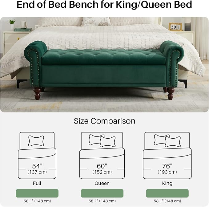 SOFTHION 58.1" Storage Bench Upholstered Velvet End of Bedroom Bed Bench Ottoman with Tufted Cushioned Rolled Arm Large Storage Space for Reading Living Room Entryway,Dark Green