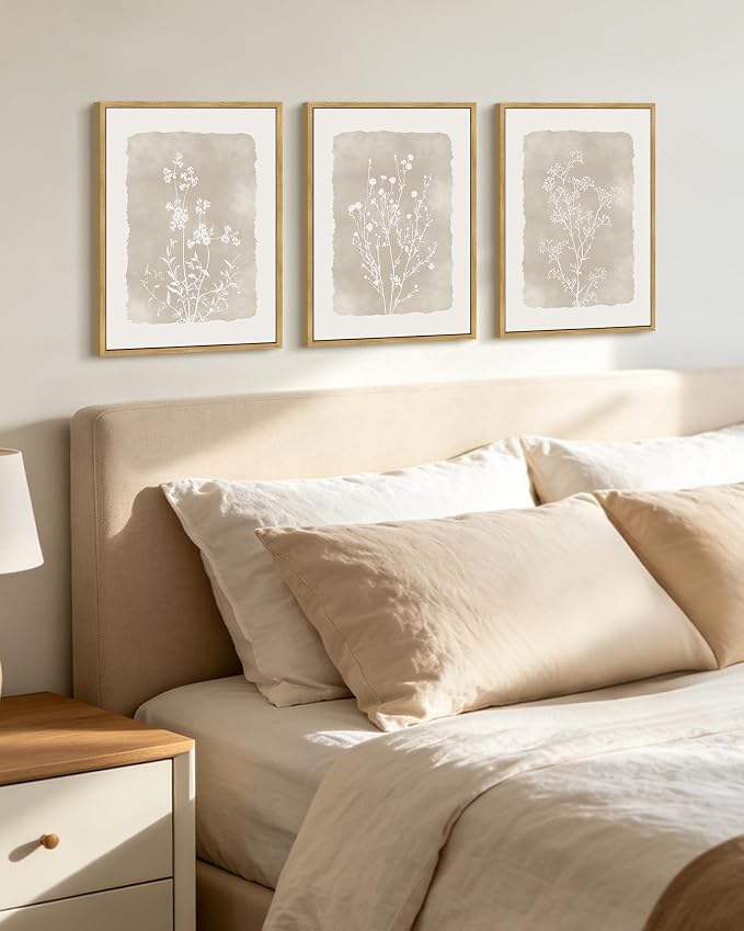 KUVIOKE Boho Botanical Flower Wall Art Framed Vintage Floral Wall Prints Wildflower Neutral Rustic Bohemain Artwork Kitchen Bedroom Decor 11x14in (Natural Framed)