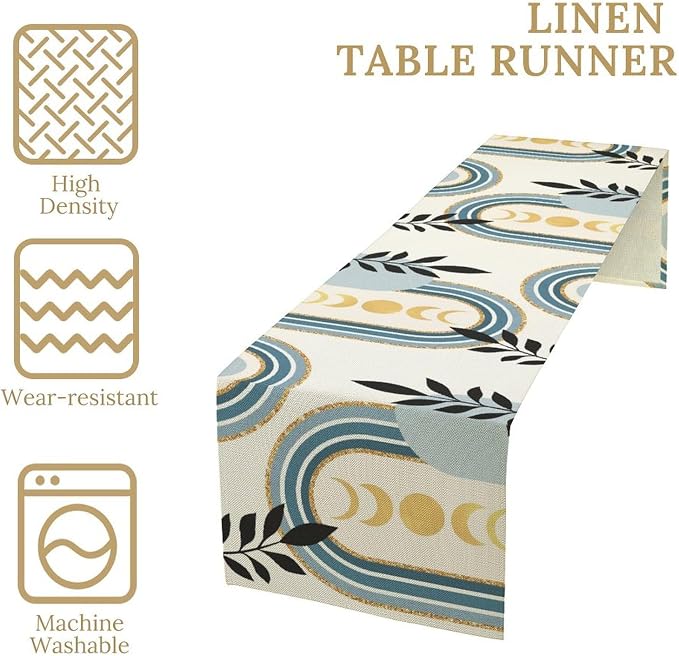 YCness Boho Mid Century Abstract Table Runner Modern Sun Moon Phase Minimalist Aesthetic Leaves Arch Geometric Blue Grey Table Runner for Dining Party Table Decor, 13x70 Inch