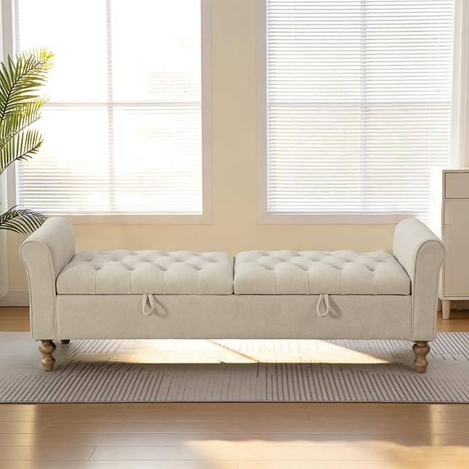 Chifee & Vingol 65" Storage Ottoman Bench Upholstered End of Bed Bench Modern Entryway Benches Double Openings Window Benches for Bedroom Living Room Entryway,Griege