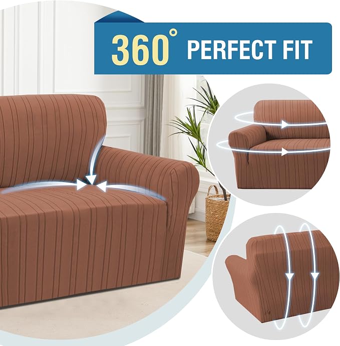 H.VERSAILTEX High Stretch Loveseat Covers 1-Piece Couch Cover Non Slip Sofa Cover with Elastic Bottom Thick Soft Sofa Covers Washable Polyester Spandex Jacquard Fabric Stripe Design(Loveseat, Caramel)