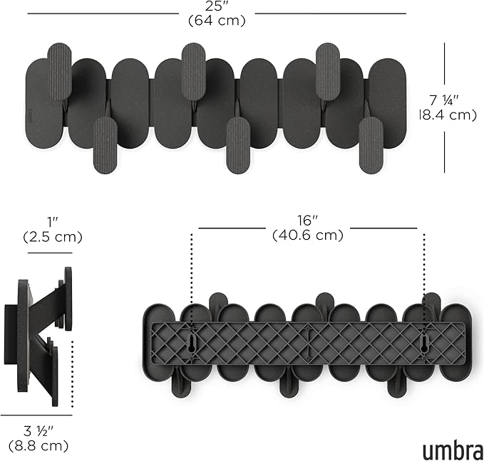 Umbra Tempo Wall Hook – Modern 6-Hook Coat & Towel Rack, Recycled ABS/Wood Fiber, Black, Easy Mount Entryway Organizer