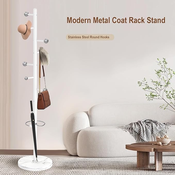 Modern Metal Coat Rack Stand, Coat Rack Freestanding with Natural Marble Base,Sturdy Heavy Duty Coat Racks with 8 Hooks, White Coat Hall Tree Stand for Entryway, Office
